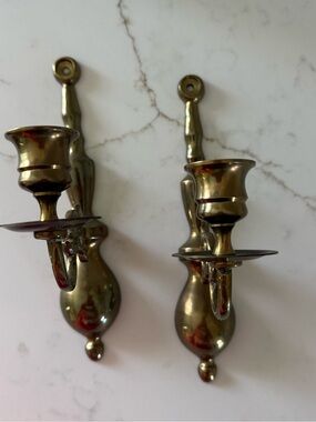 Vintage Brass Wall Sconces Candle Holder Pair Made In Korea 8.75” Gold